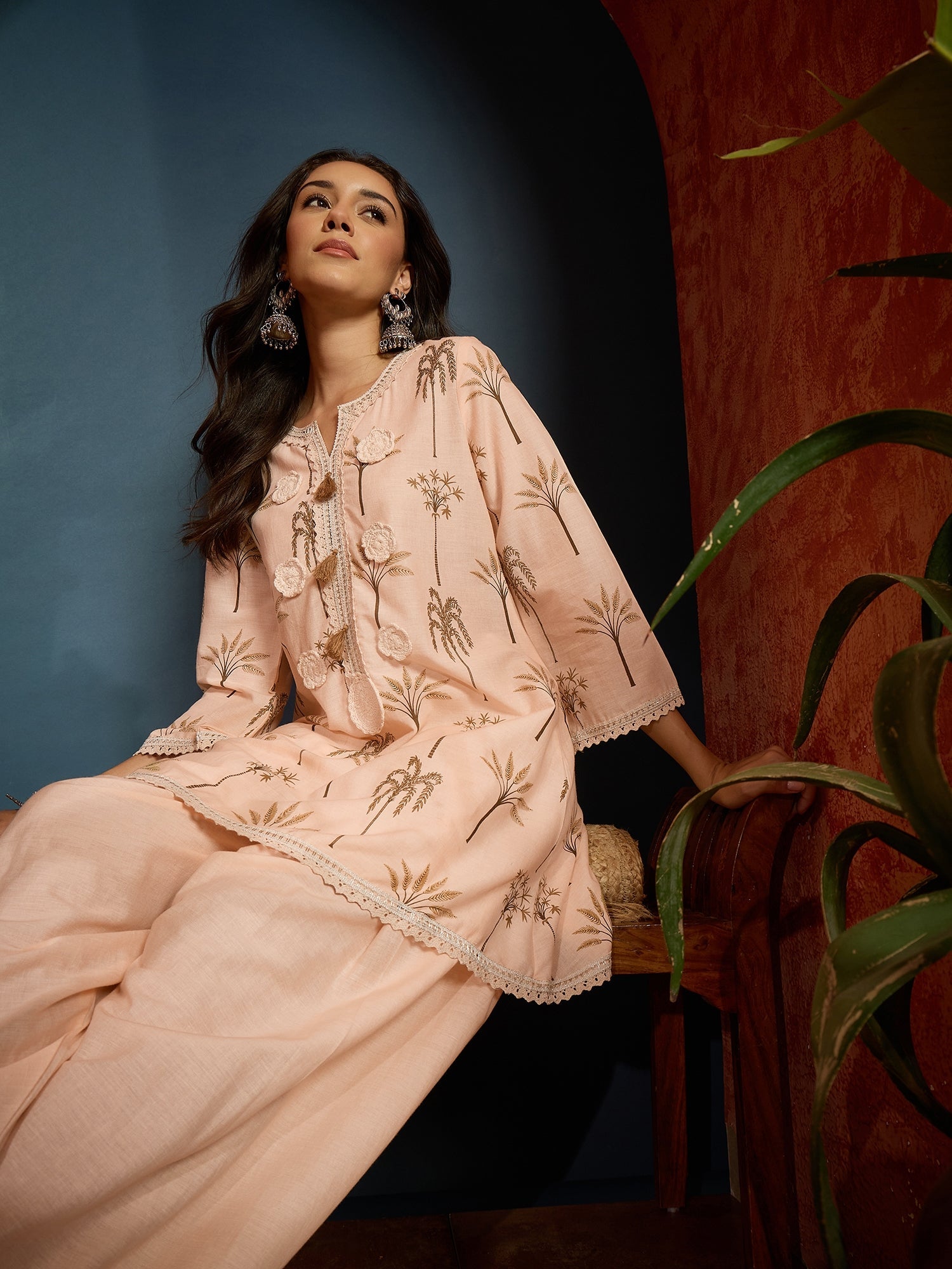 Women's Peach Palm Tree Printed Pure Cotton A-Line Short Kurti With Fa