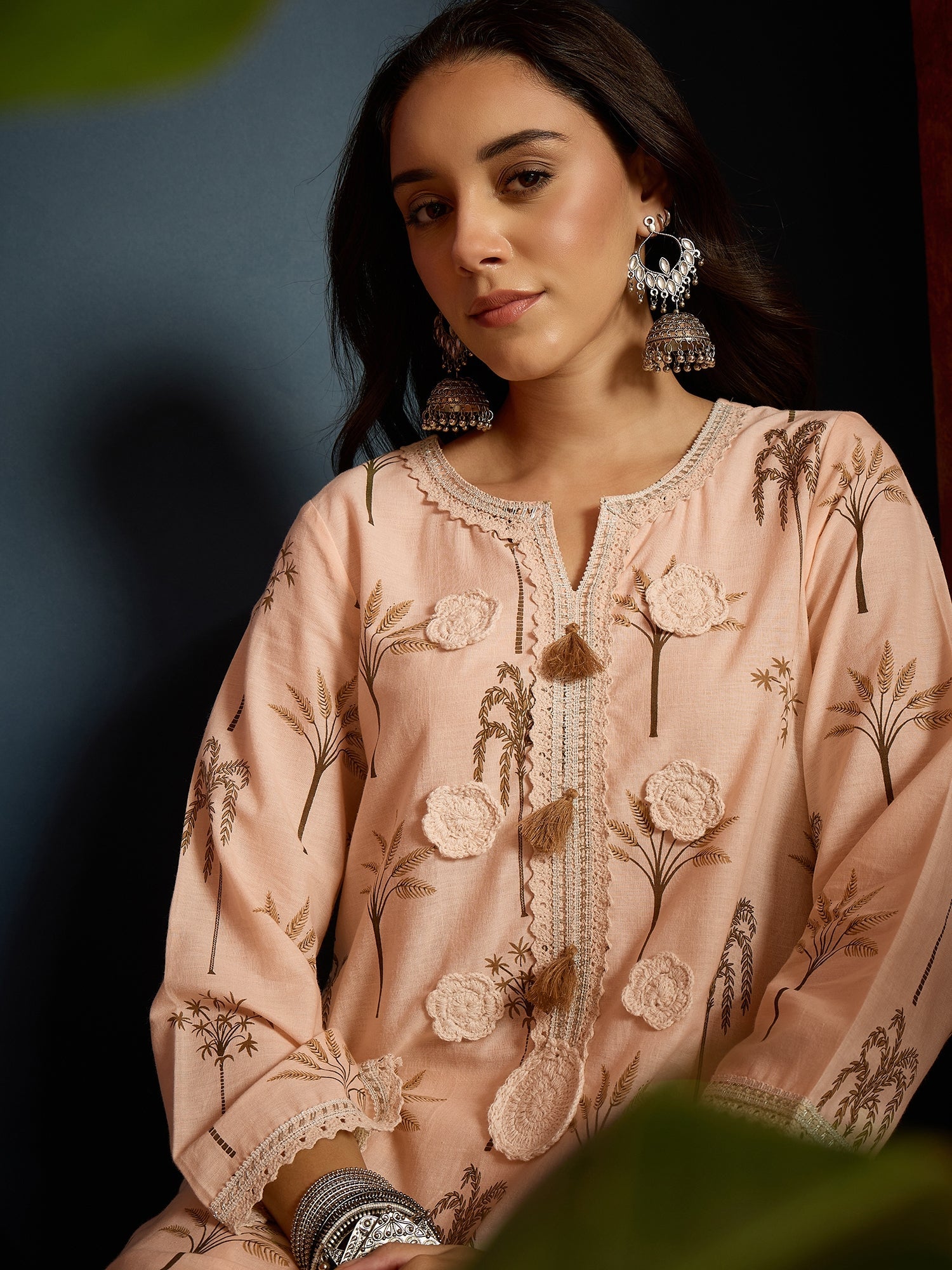 Women's Peach Palm Tree Printed Pure Cotton A-Line Short Kurti With Fa