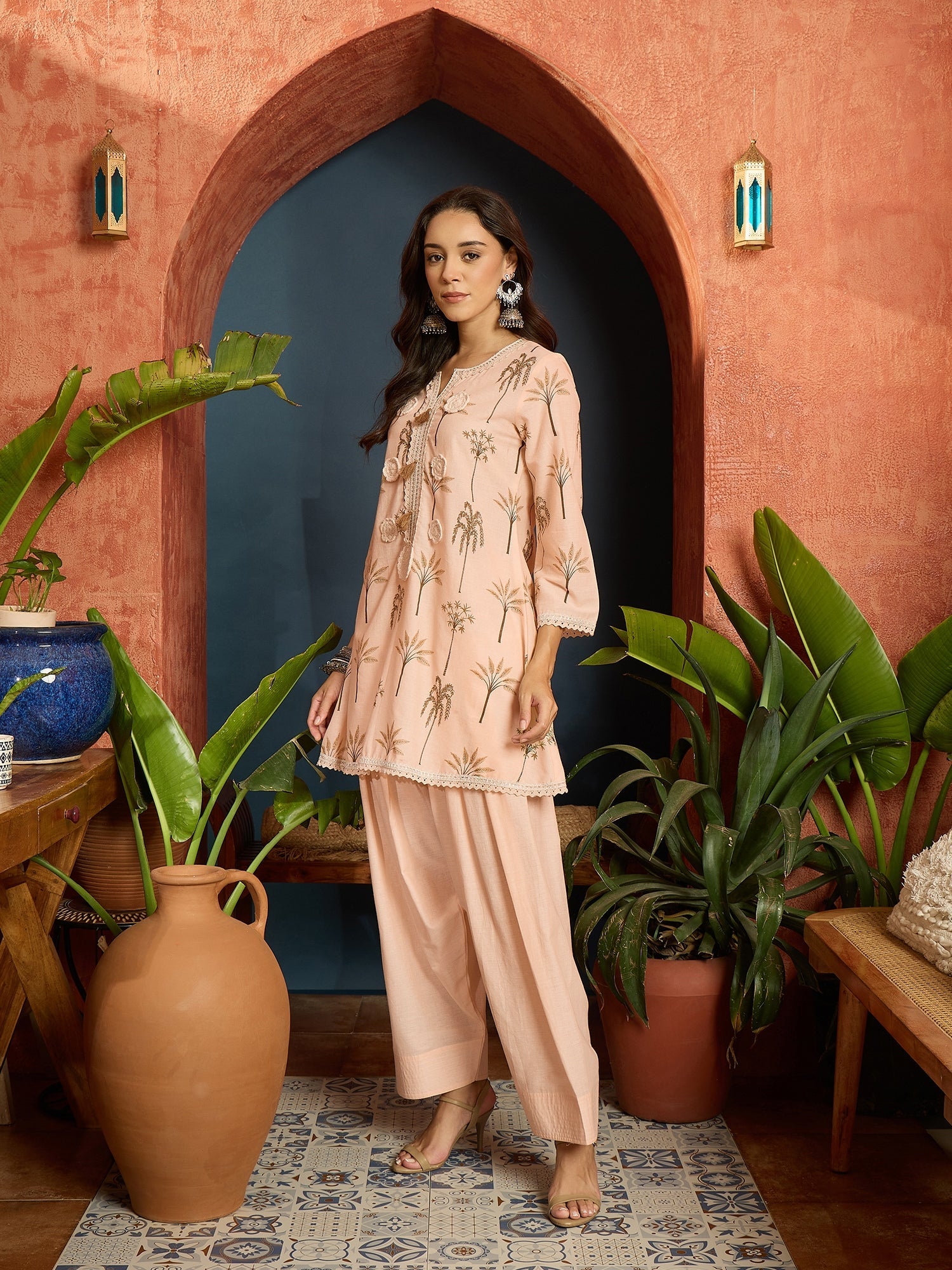 Women's Peach Palm Tree Printed Pure Cotton A-Line Short Kurti With Fa