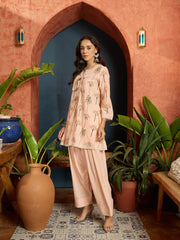Stylum Women's Peach Palm Tree Printed Pure Cotton A-Line Short Kurti With Farshi Salwar Set (KSPEACHSAZRIKA)