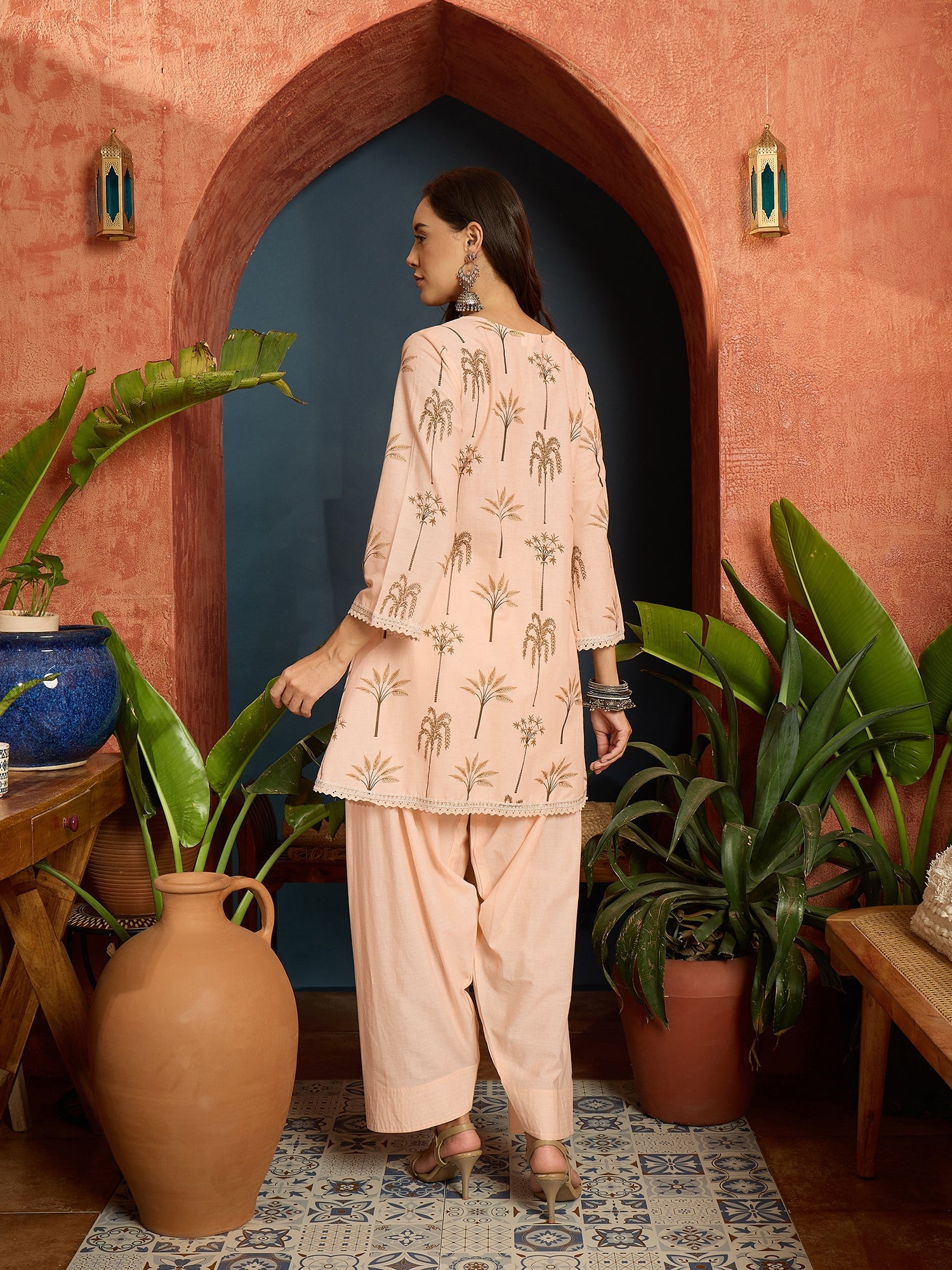 Women's Peach Palm Tree Printed Pure Cotton A-Line Short Kurti With Fa
