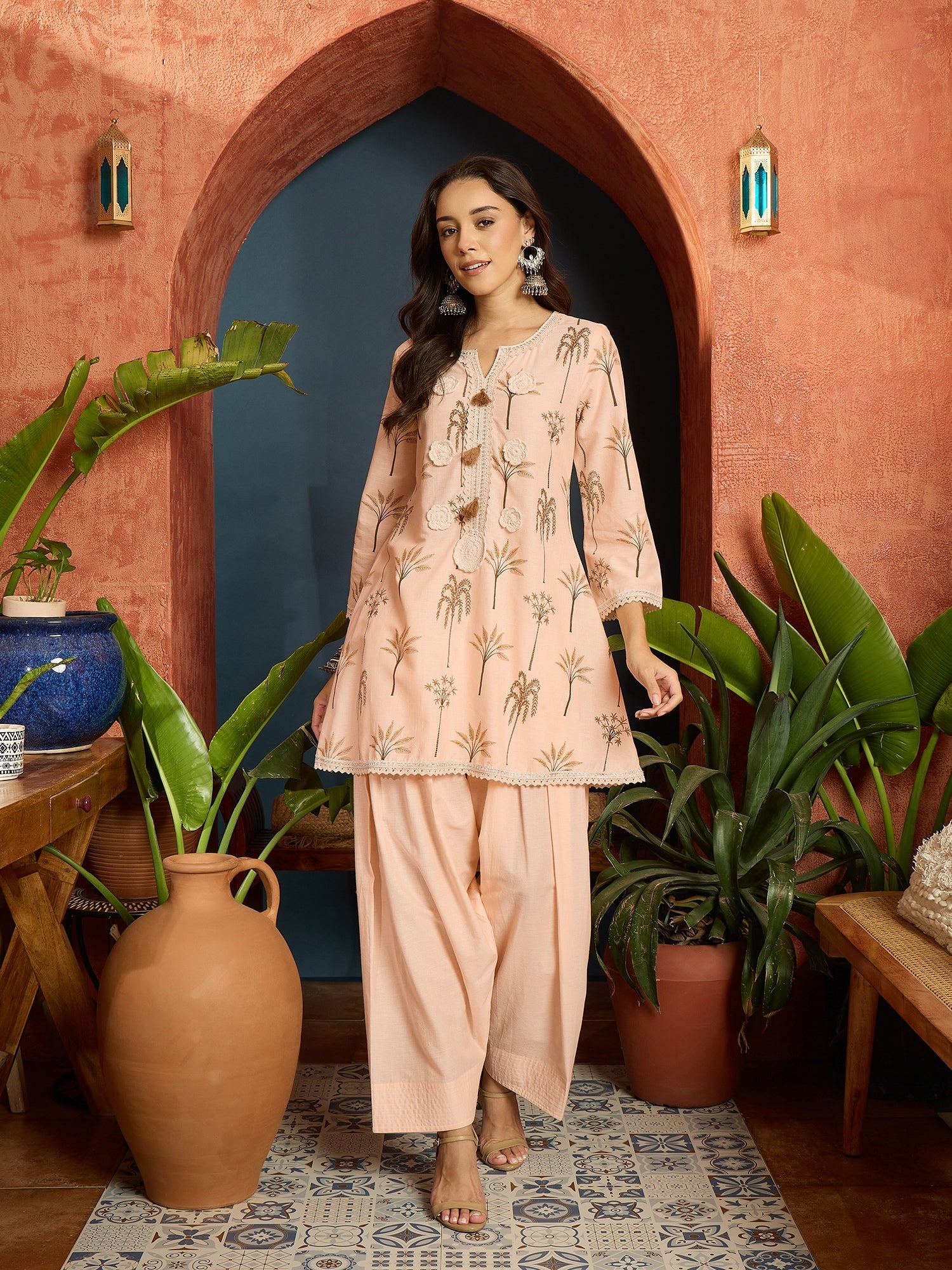 Women's Peach Palm Tree Printed Pure Cotton A-Line Short Kurti With Fa