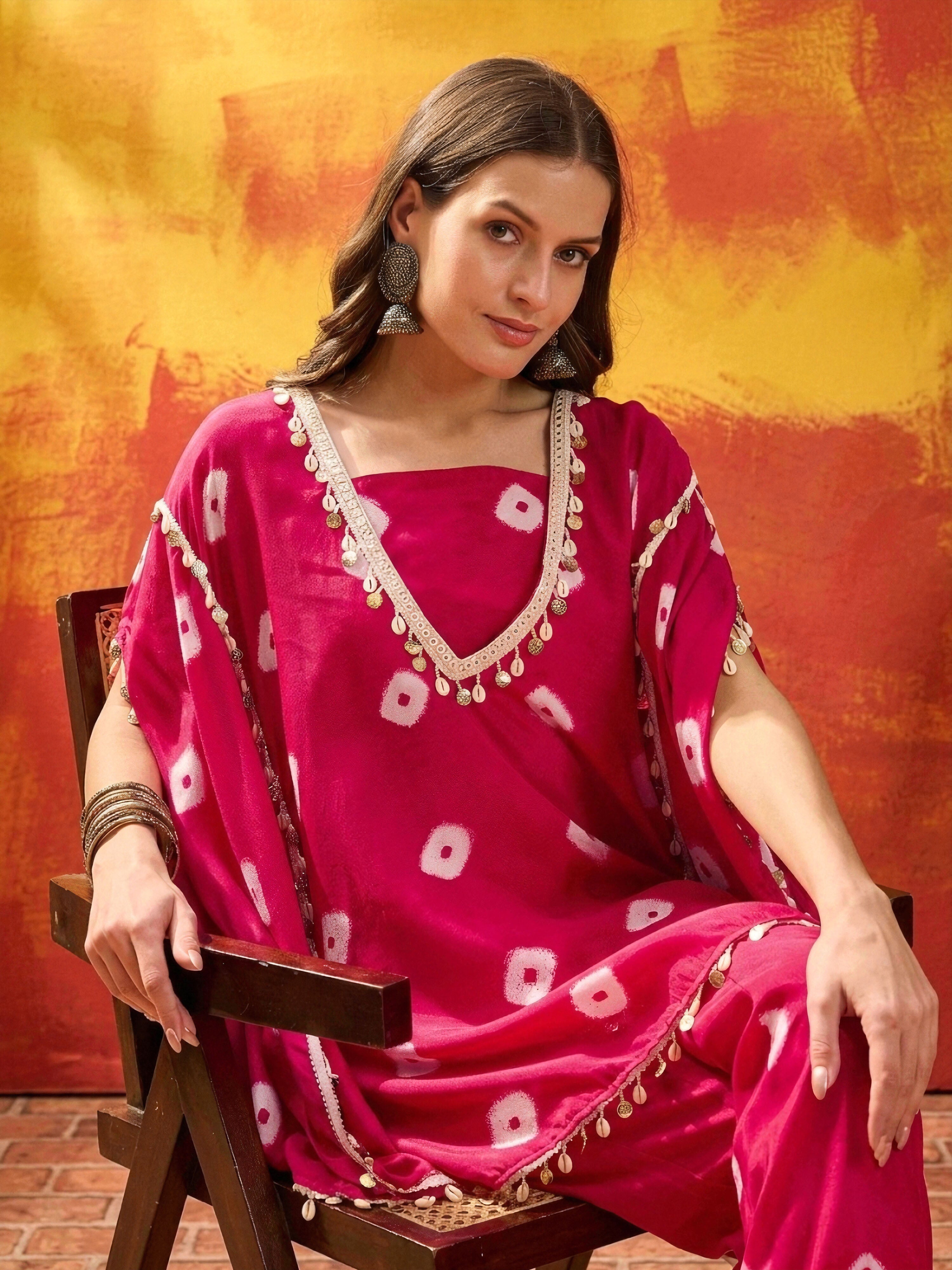Women's Pink Bandhej Printed Rayon Kaftan Tube Top Sharara Set (KSPINK