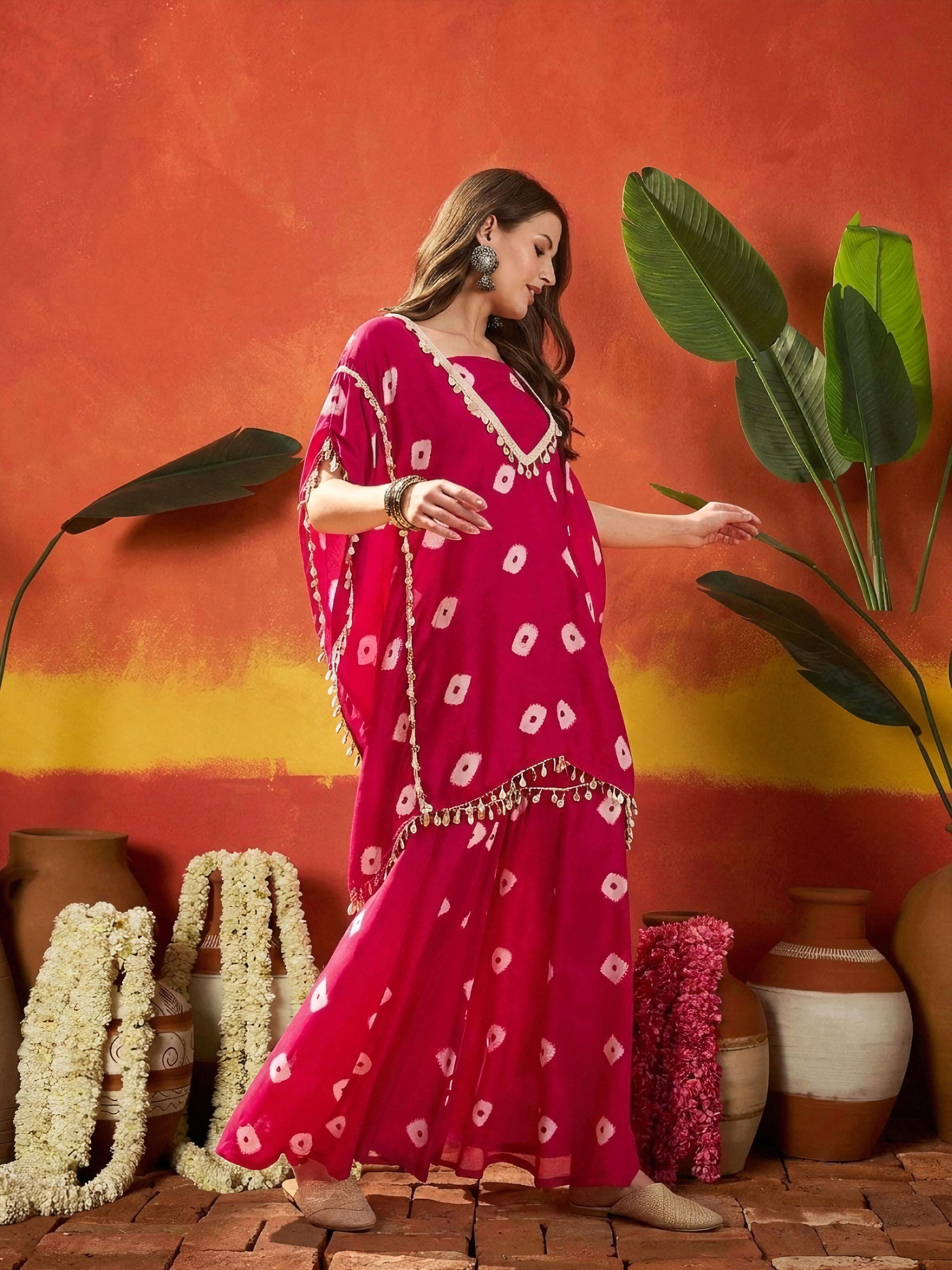 Women's Pink Bandhej Printed Rayon Kaftan Tube Top Sharara Set (KSPINK