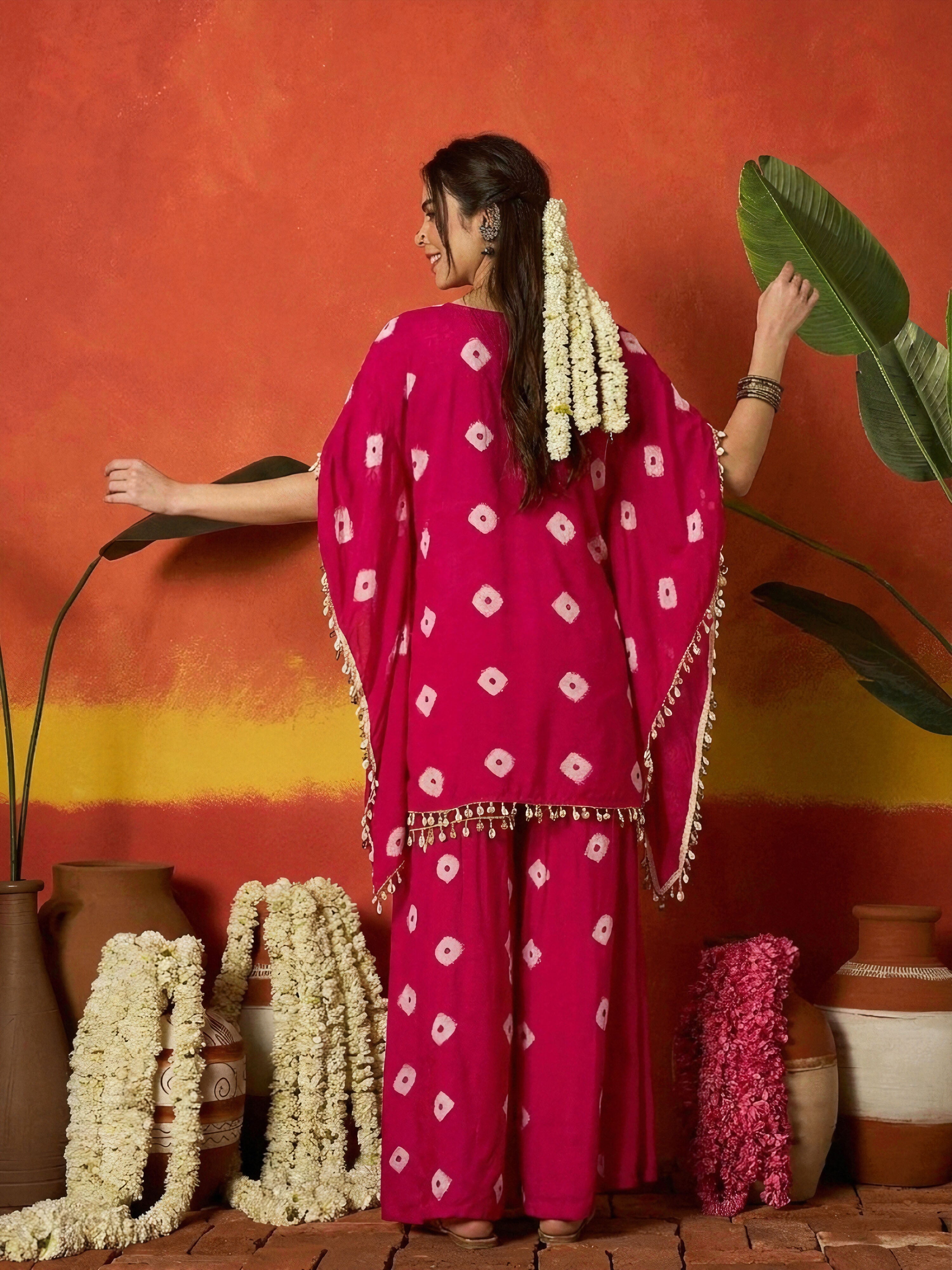 Women's Pink Bandhej Printed Rayon Kaftan Tube Top Sharara Set (KSPINK