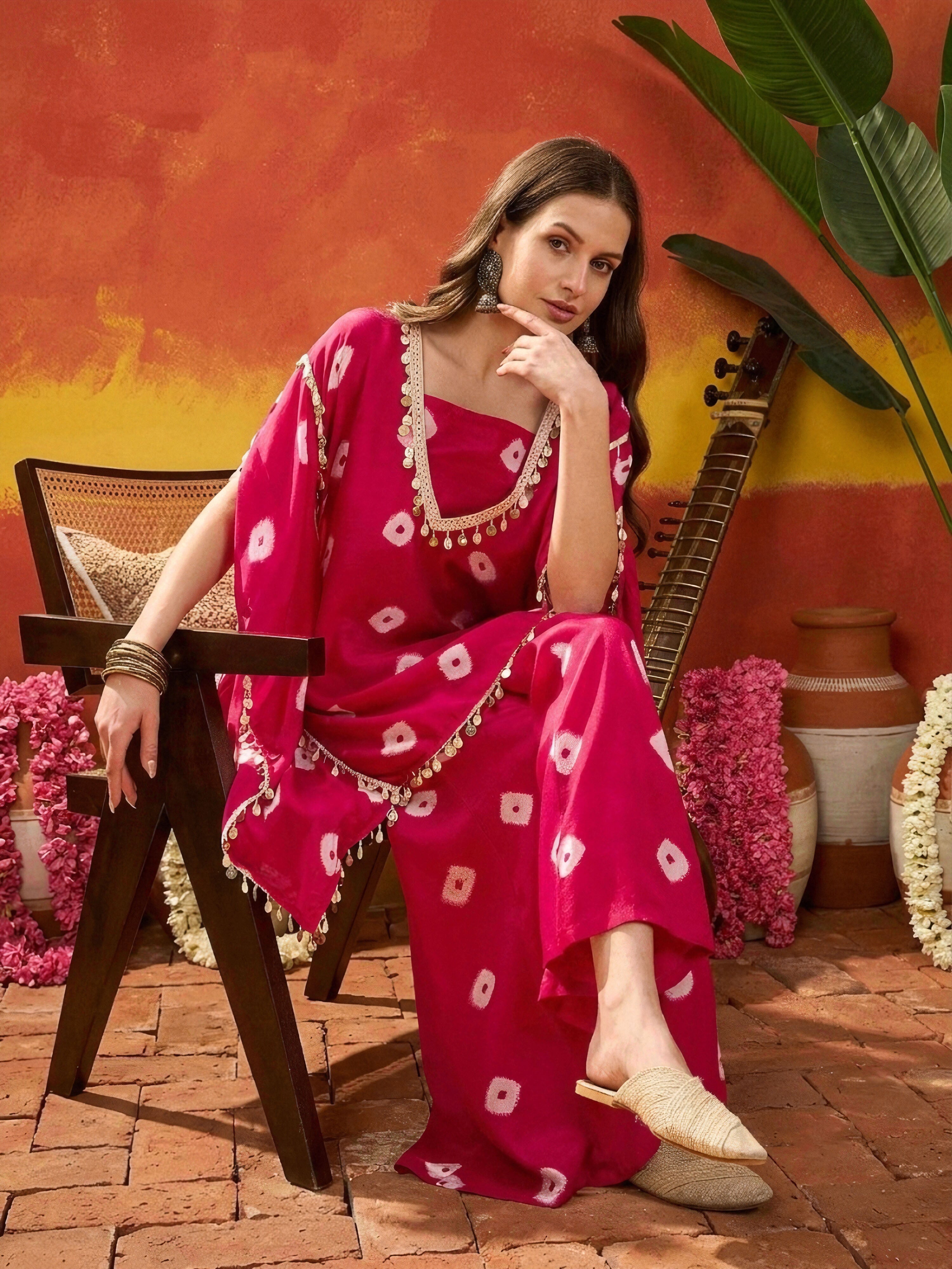 Women's Pink Bandhej Printed Rayon Kaftan Tube Top Sharara Set (KSPINK