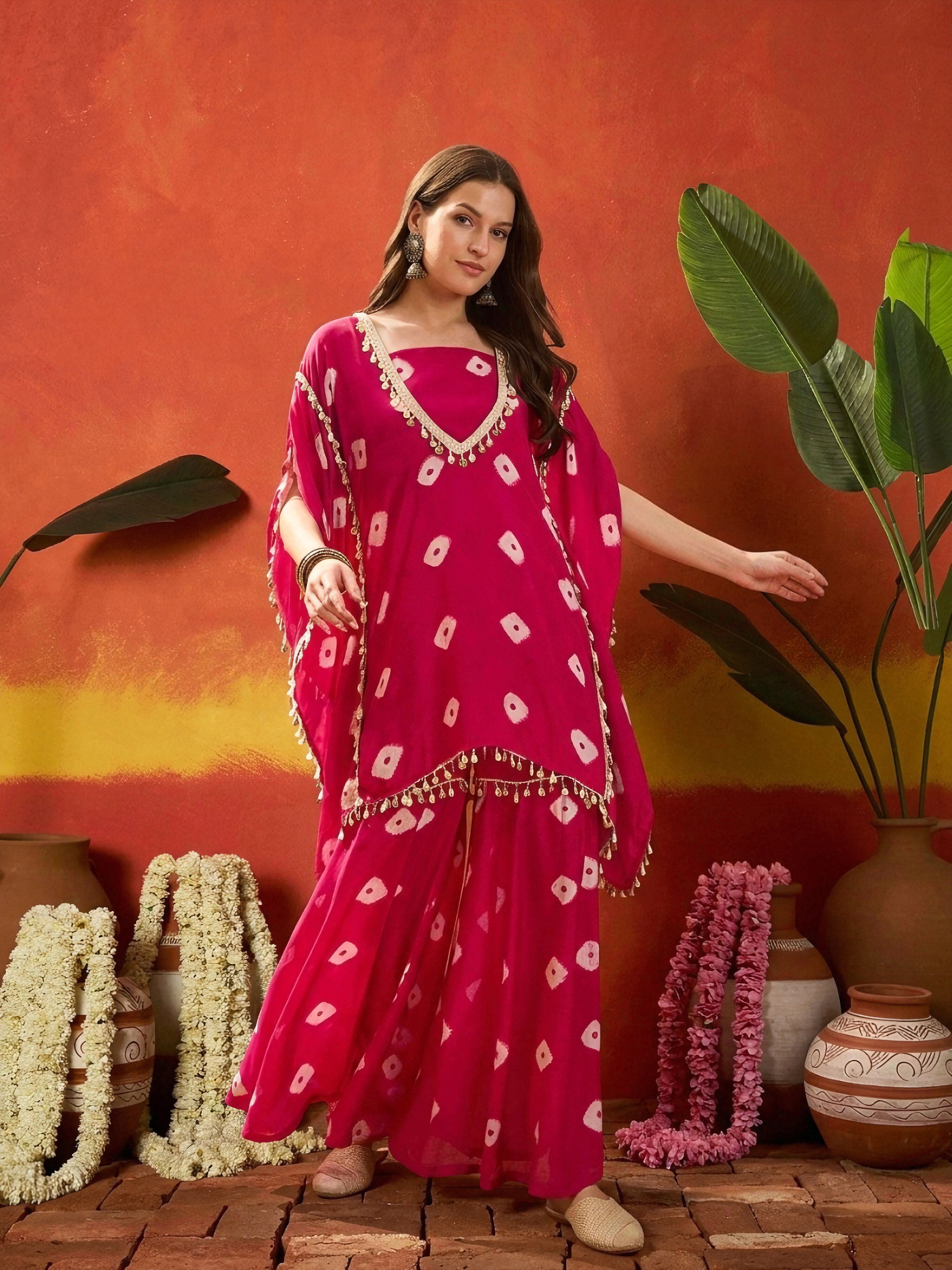 Women's Pink Bandhej Printed Rayon Kaftan Tube Top Sharara Set (KSPINK