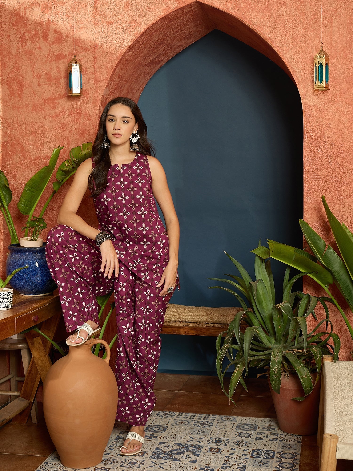Stylum Women's Rust Ethnic Motifs Printed Pure Cotton Straight Kurti With Farshi Salwar Set (KSRUSTFILLA)