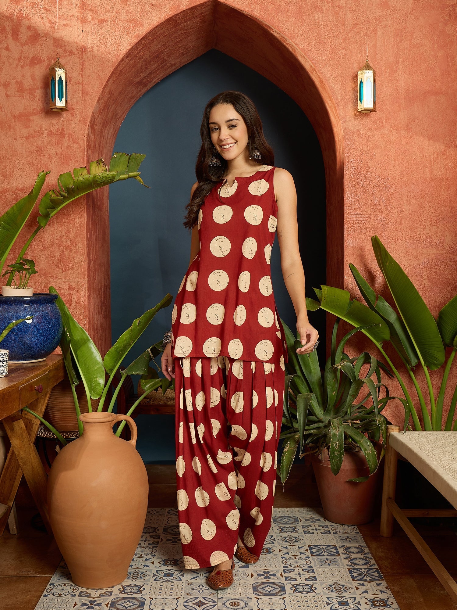 Women's Rust Polka Dot Printed Pure Cotton Straight Kurti With Farshi 