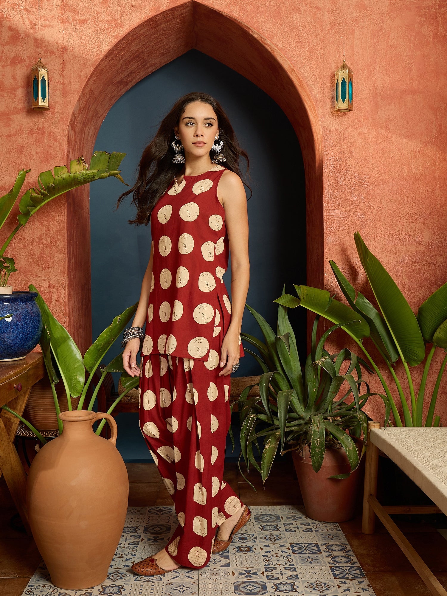 Women's Rust Polka Dot Printed Pure Cotton Straight Kurti With Farshi 