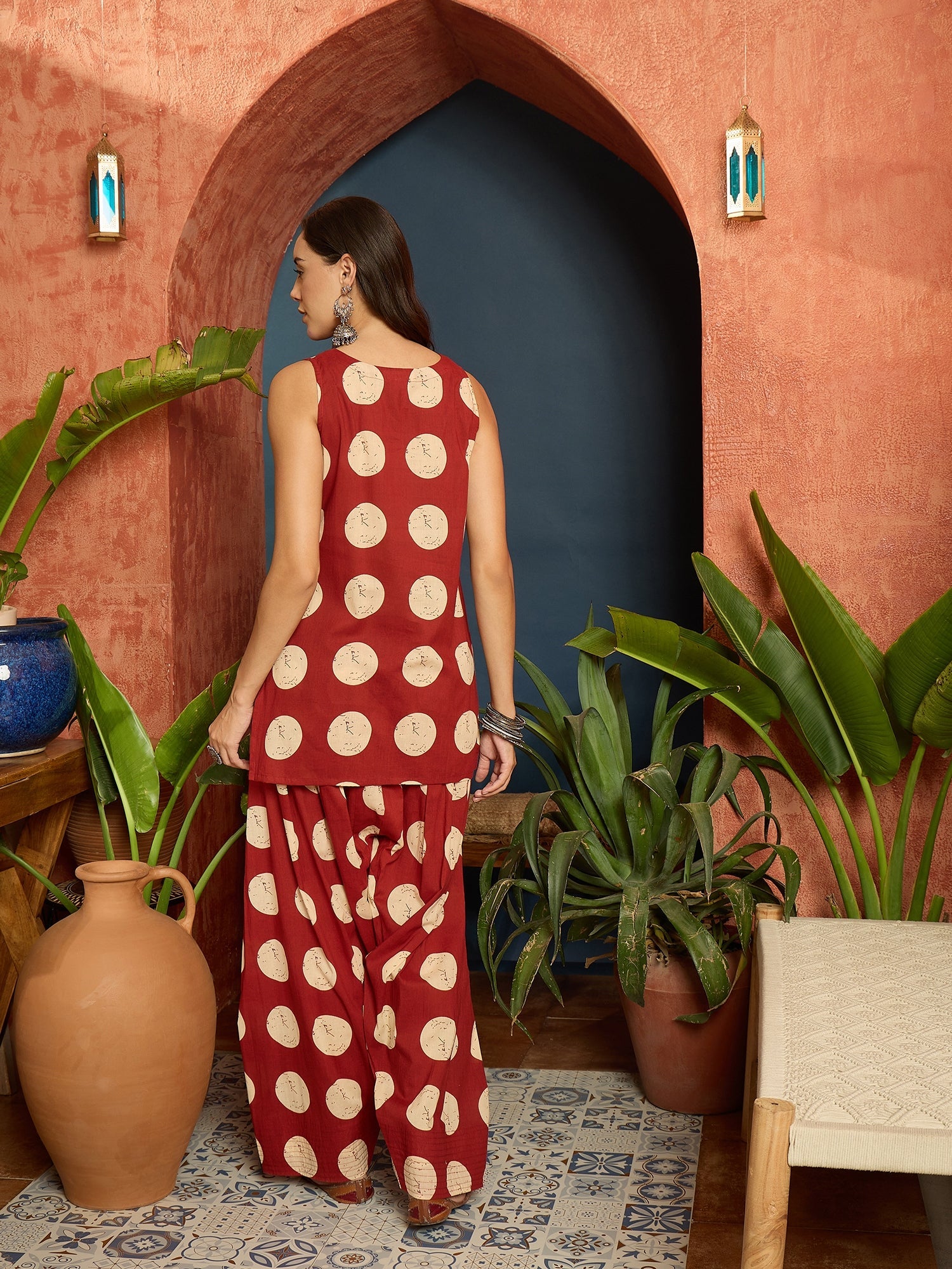 Women's Rust Polka Dot Printed Pure Cotton Straight Kurti With Farshi 