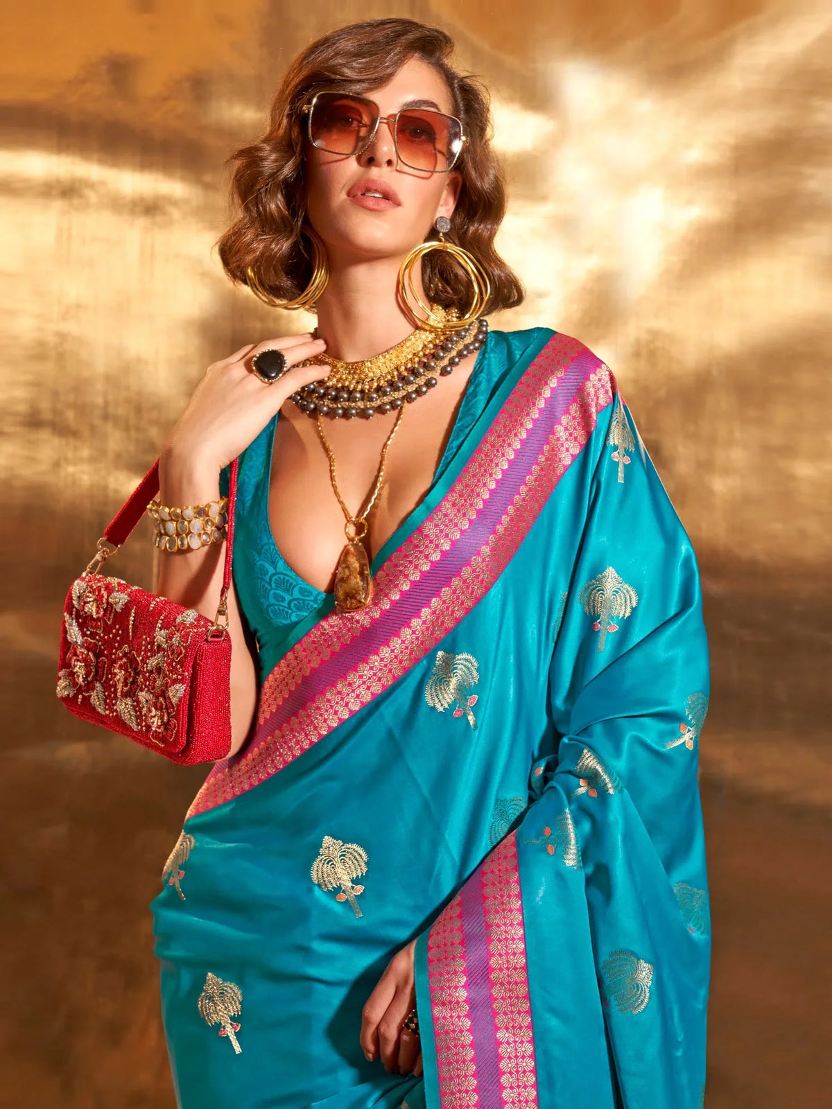 Women's Satin  Blue Woven Design Designer Saree With Blouse Piece-KSTIKA369004