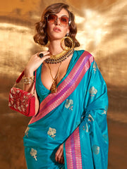 Women's Satin  Blue Woven Design Designer Saree With Blouse Piece-KSTIKA369004