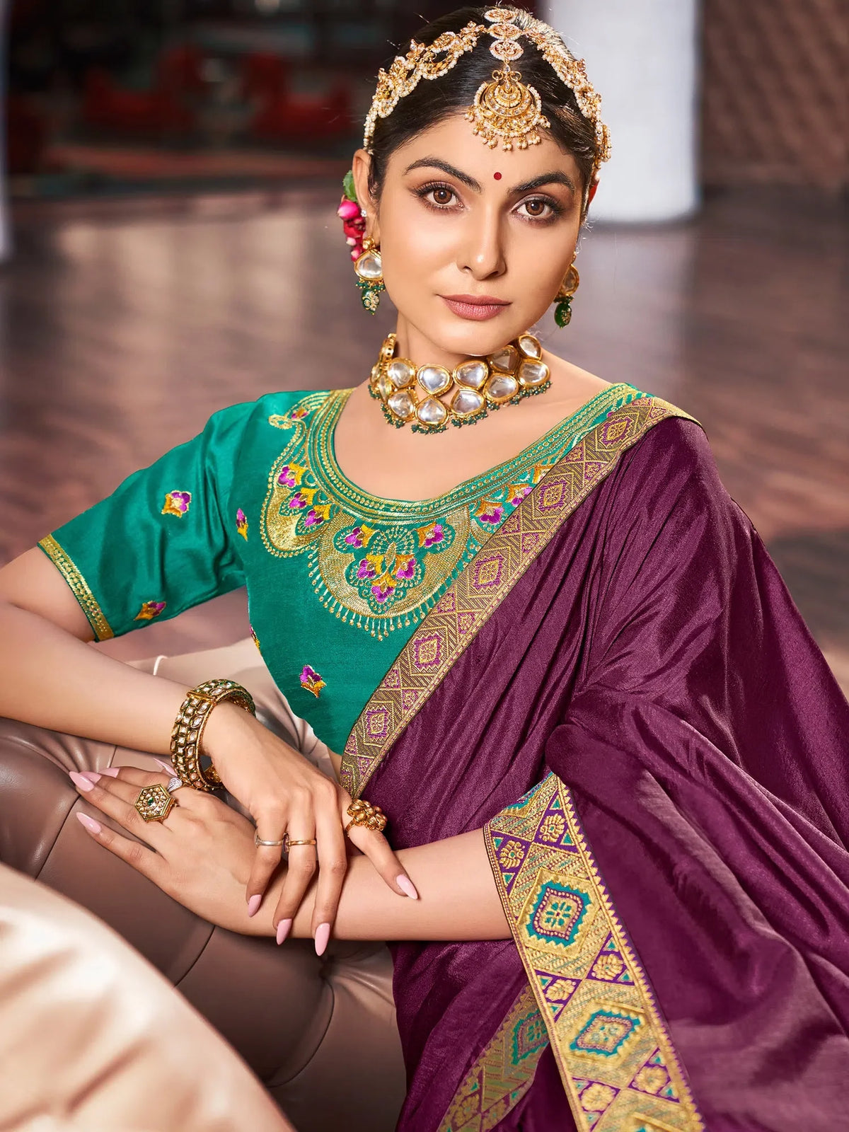 Women's Vichitra Purple Embellished Celebrity Saree With Blouse Piece-KSTURI81824