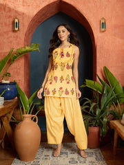 Stylum Women's Yellow Floral Printed Pure Cotton Straight Short Kurti With Farshi Salwar Set (KSYELLOWFIDA)