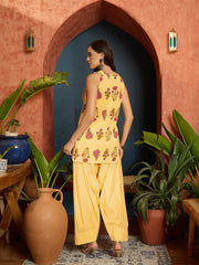 Stylum Women's Yellow Floral Printed Pure Cotton Straight Short Kurti With Farshi Salwar Set (KSYELLOWFIDA)