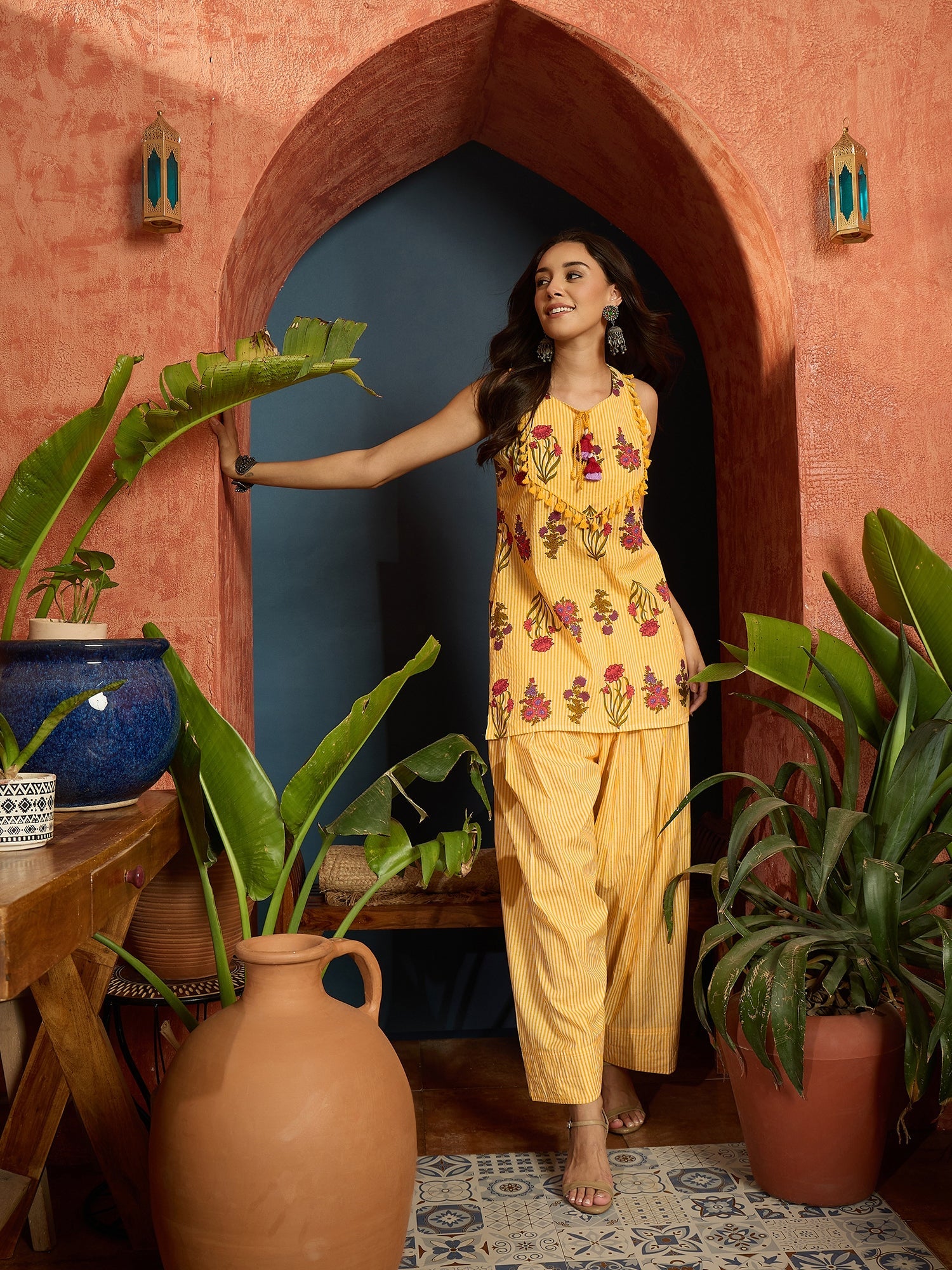 Women's Yellow Floral Printed Pure Cotton Straight Short Kurti With Fa