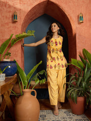 Stylum Women's Yellow Floral Printed Pure Cotton Straight Short Kurti With Farshi Salwar Set (KSYELLOWFIDA)