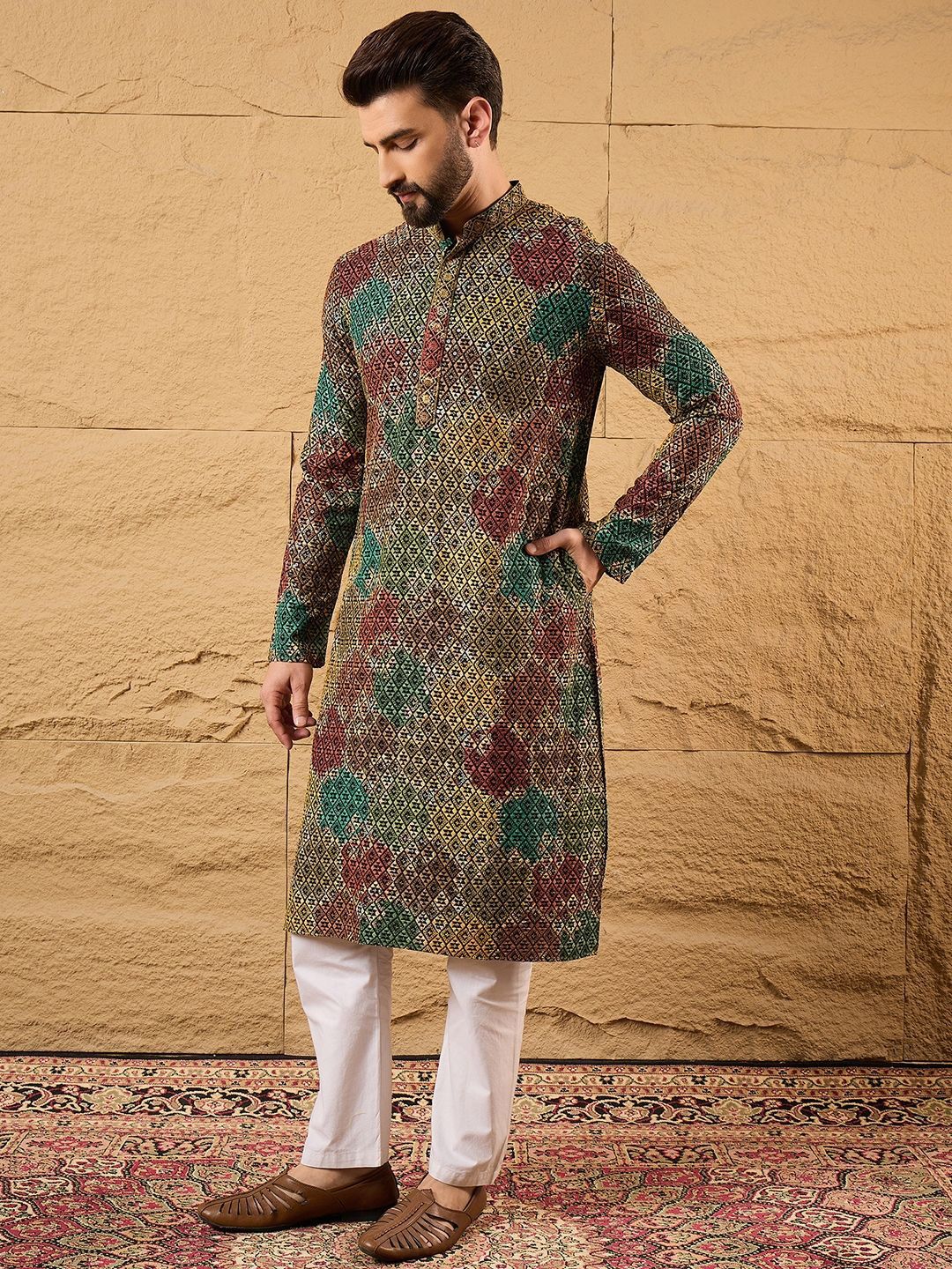 Ethnic Bay Mens Multi Viscose Rayon Geometric Embroidered Chikankari Straight Kurta With Pant Set-MKSET1180