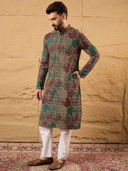 Ethnic Bay Mens Multi Viscose Rayon Geometric Embroidered Chikankari Straight Kurta With Pant Set-MKSET1180