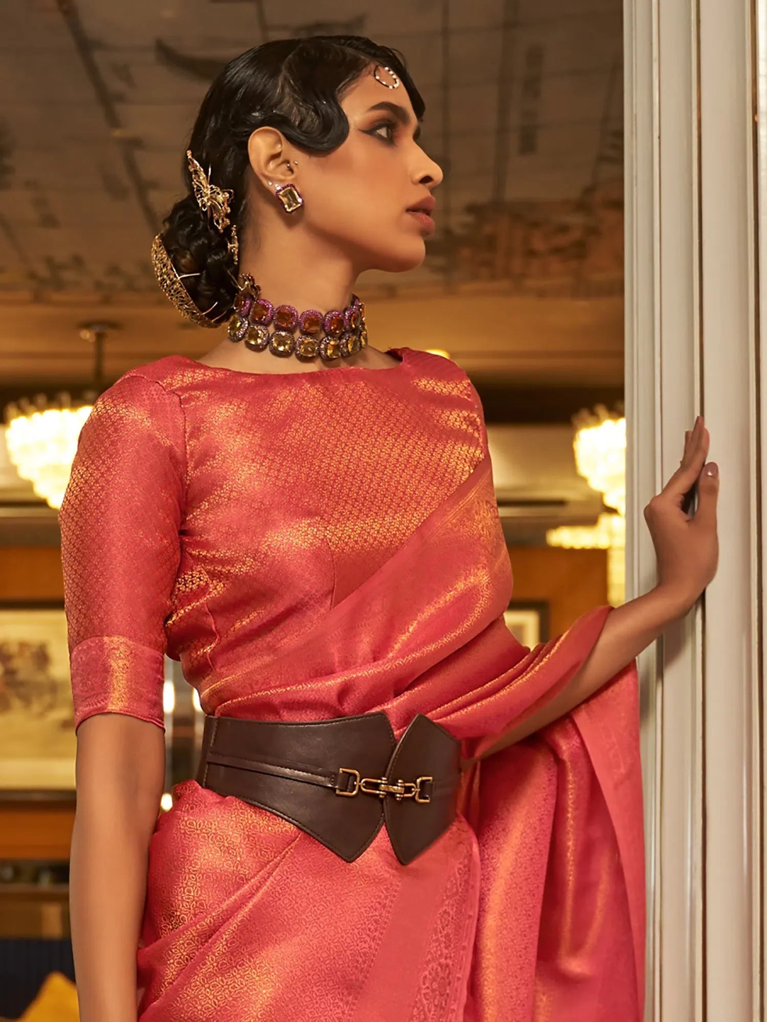 Pink Nylon Saree With Blouse - Indian Sarees Online