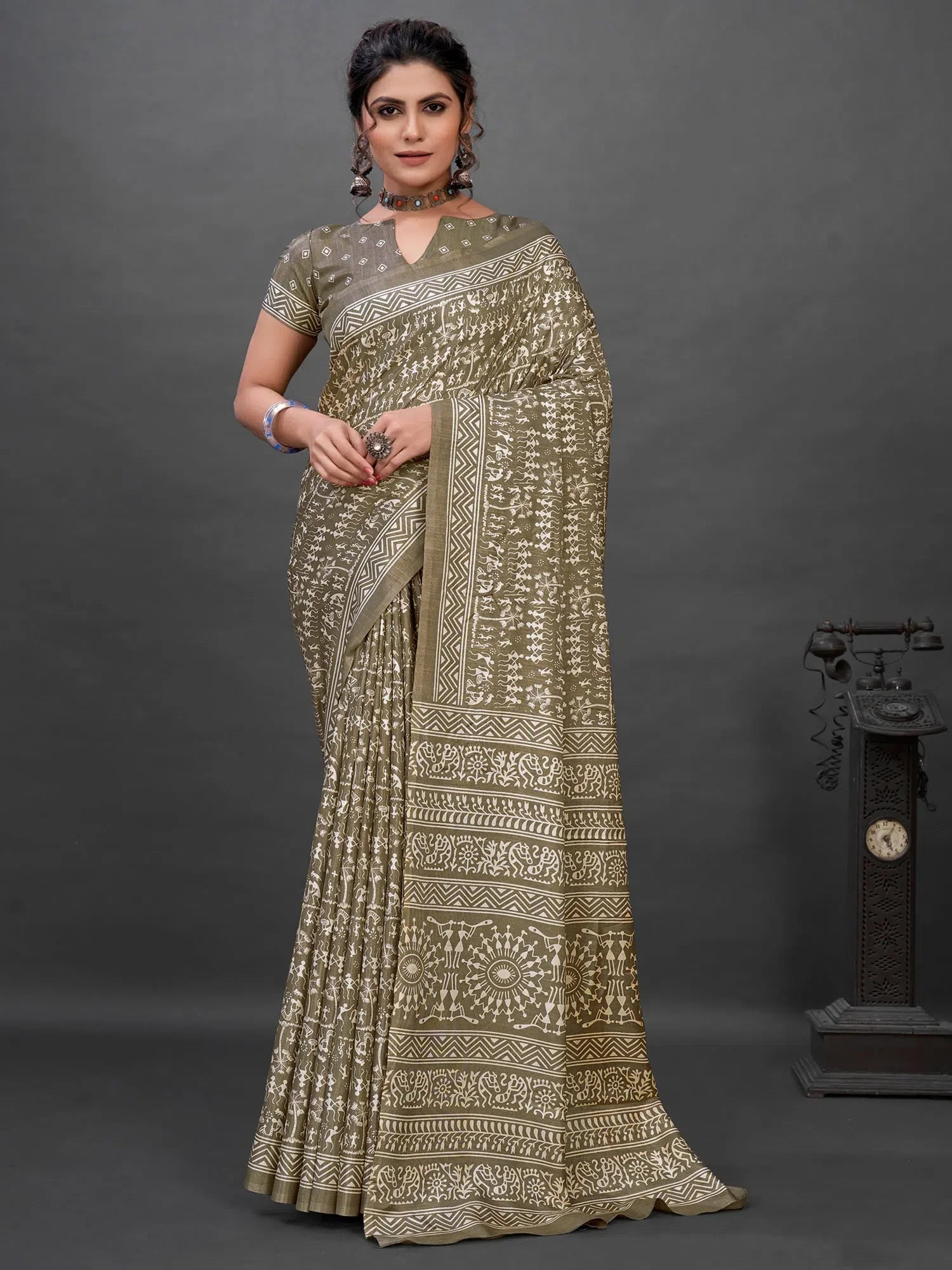 Olive Printed Designer Saree | Indian Sari Collection