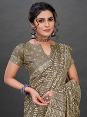 Women's Cotton White Printed Designer Saree With Blouse Piece-MINAXI9002