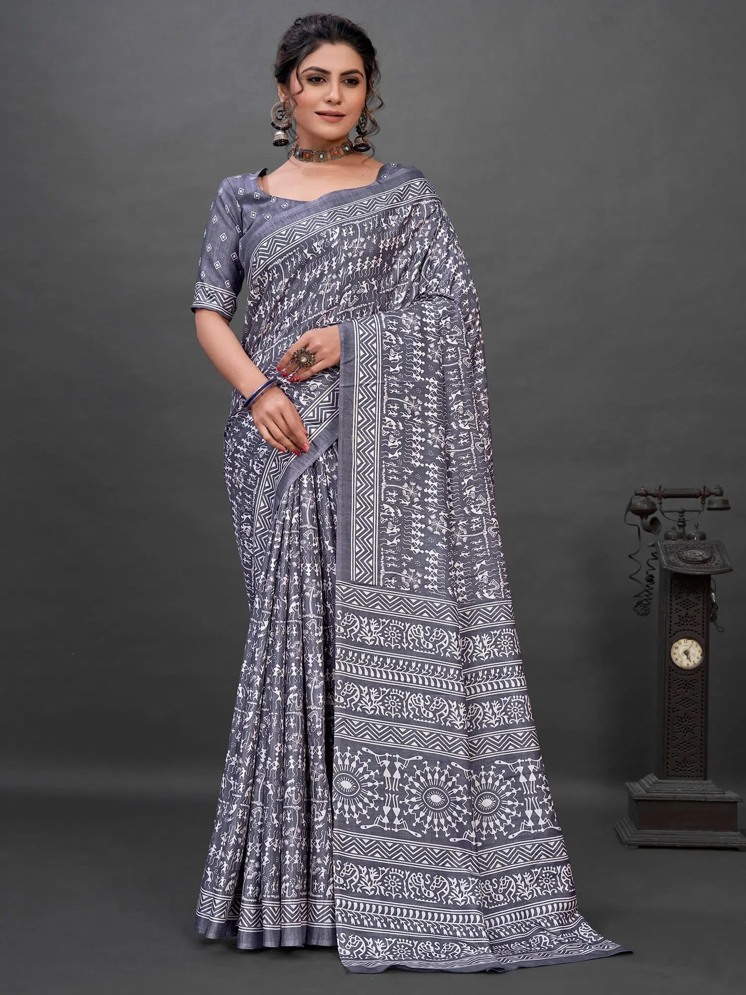 Grey Printed Designer Saree - Indian Wedding Sarees