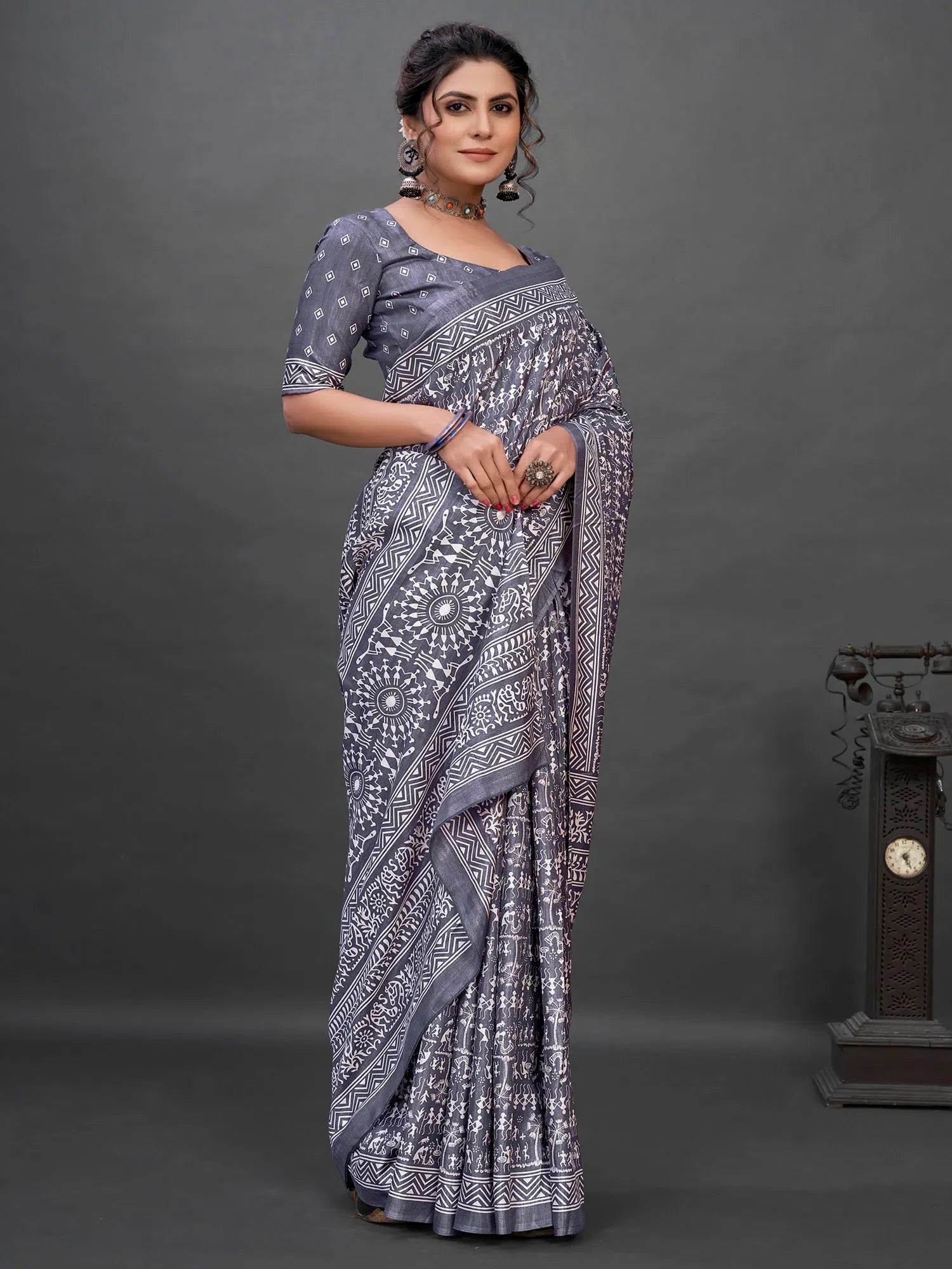 Grey Printed Designer Saree - Indian Wedding Sarees