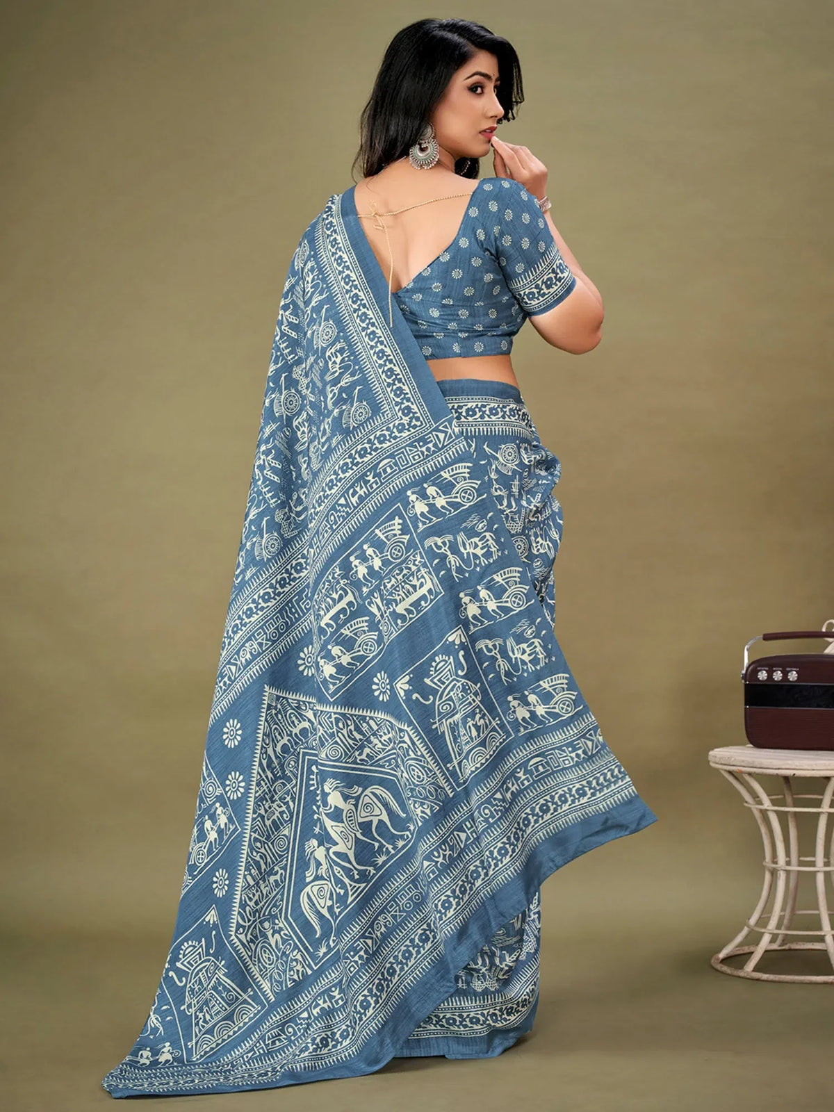 Women's Dola  Blue Printed Designer Saree With Blouse Piece-KUMKUM20B