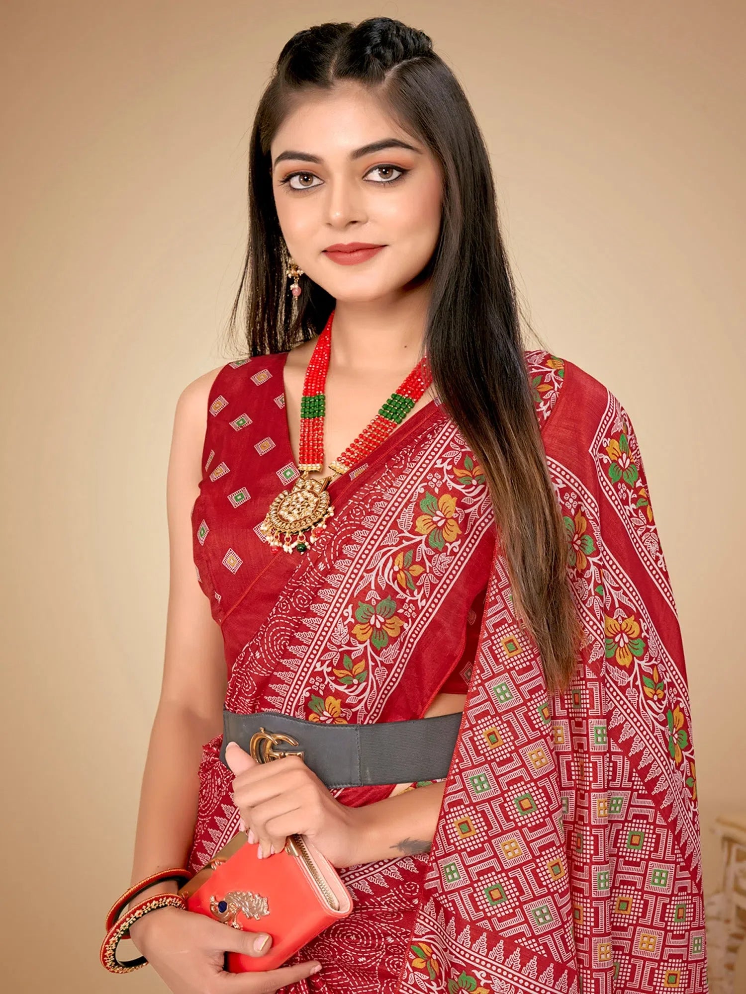 Dola Red Printed Saree - Indian Sarees & Blouse Piece