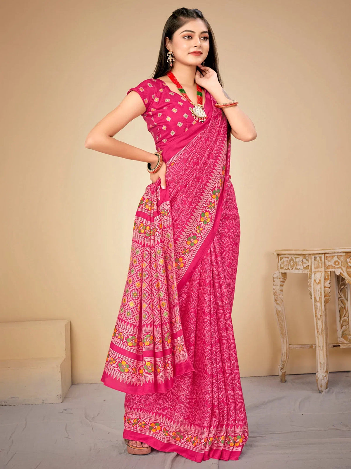 Women's Crepe Green Printed Designer Saree With Blouse Piece-VIVNTA15002A