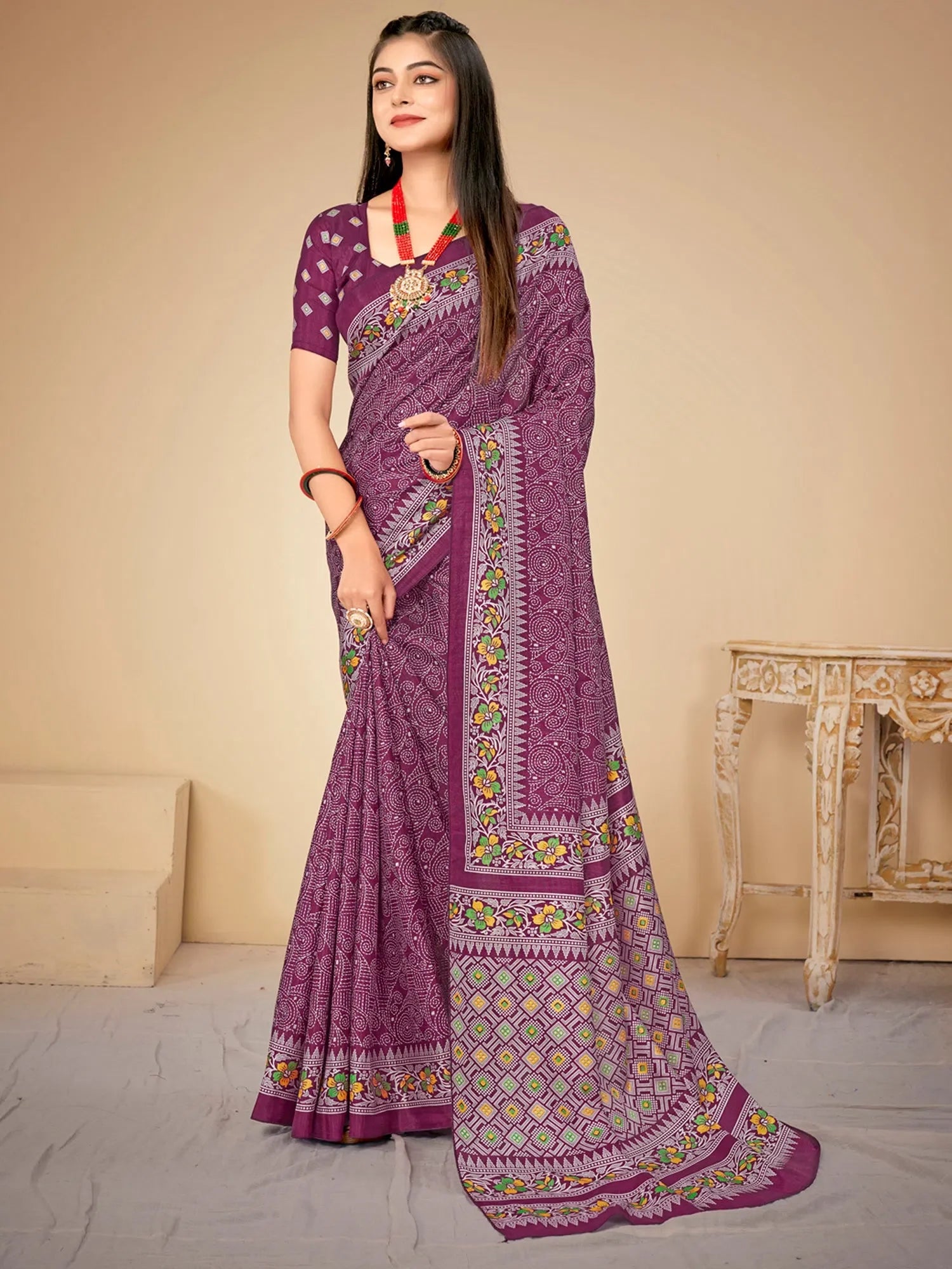Purple Printed Polyester Saree – Party Wear Indian Ethnic Sarees