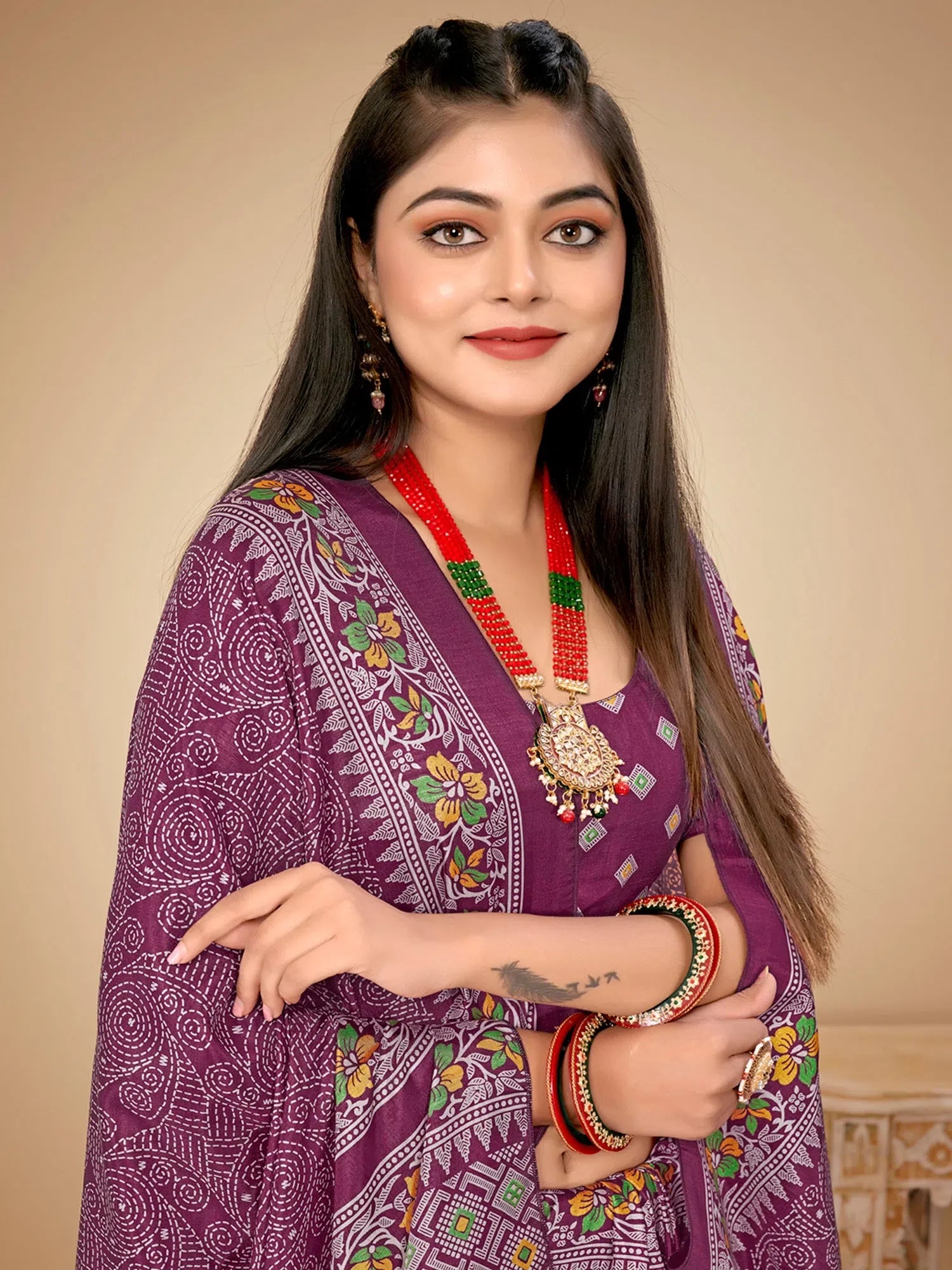 Purple Printed Polyester Saree – Party Wear Indian Ethnic Sarees
