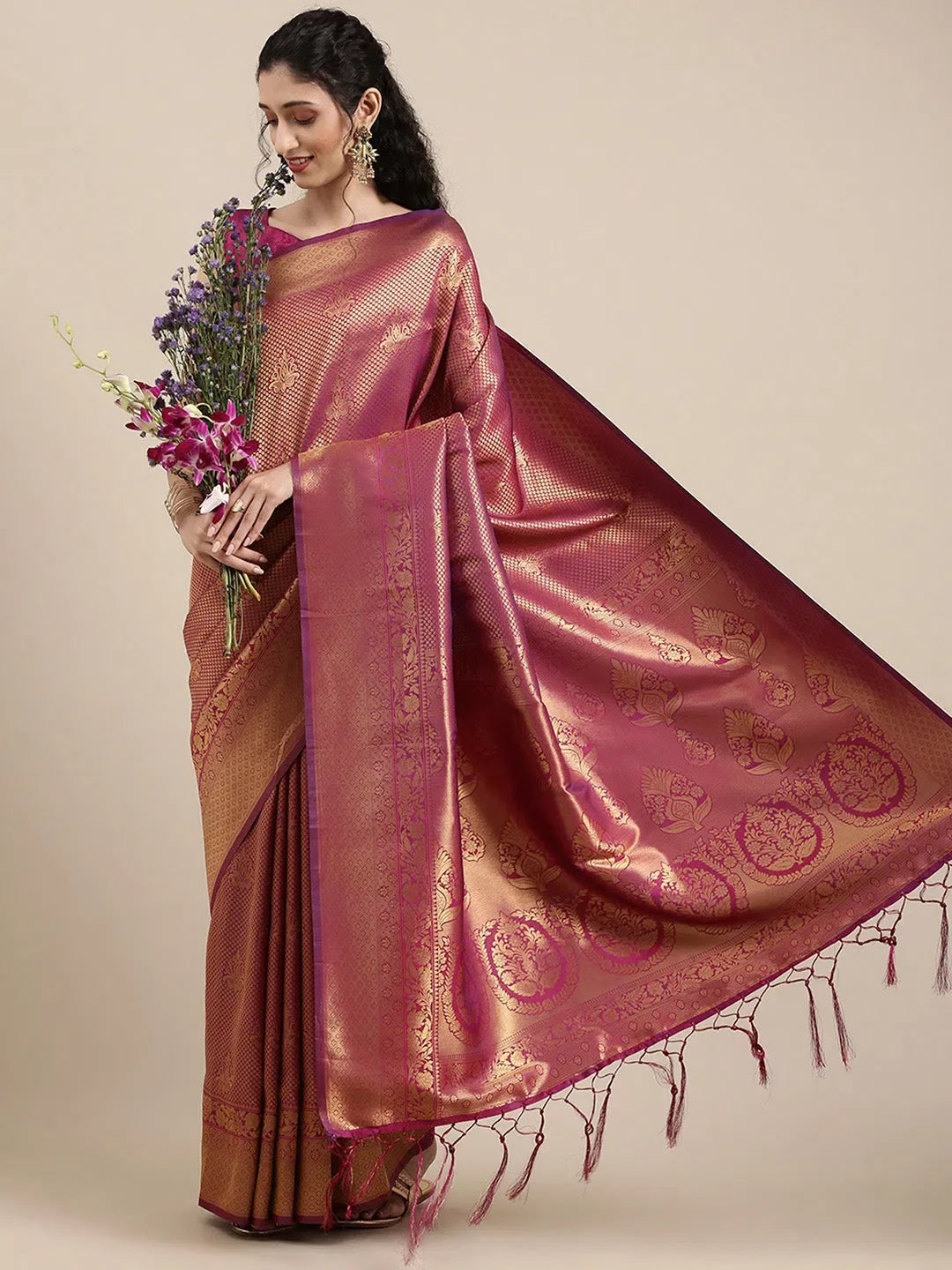 Women's Blend Peach Woven Design Designer Saree With Blouse Piece-KURINA273004