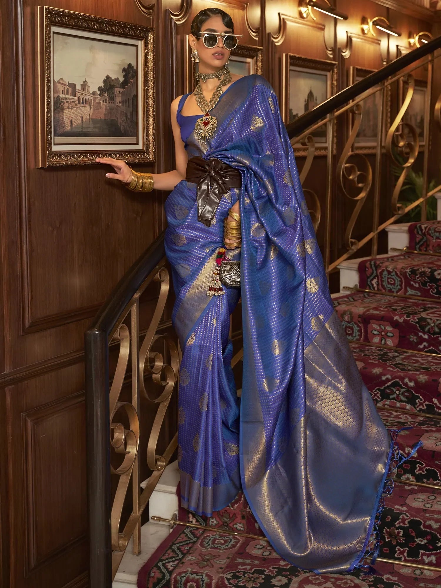Graceful Navy Blue Woven Polyester Saree | Premium Designer Collection