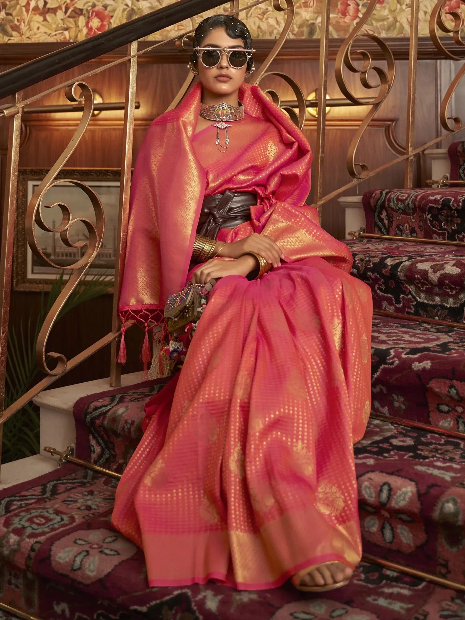Peach Polyester Saree with Blouse – Lightweight Indian Sari for Women