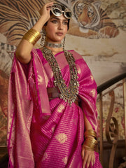 Women's Blend Pink Woven Design Handloom Saree With Blouse Piece-KURVEN262005