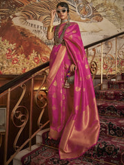 Women's Blend Pink Woven Design Handloom Saree With Blouse Piece-KURVEN262005