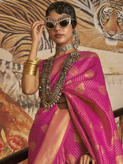 Women's Blend Pink Woven Design Handloom Saree With Blouse Piece-KURVEN262005