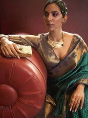 Women's Blend Grey Woven Design Handloom Saree With Blouse Piece-KUSHITA284001