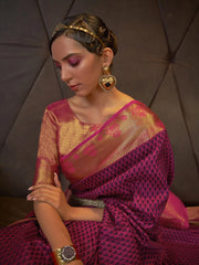 Women's Blend Pink Woven Design Handloom Saree With Blouse Piece-KUSHITA284003