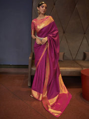 Women's Blend Pink Woven Design Handloom Saree With Blouse Piece-KUSHITA284003