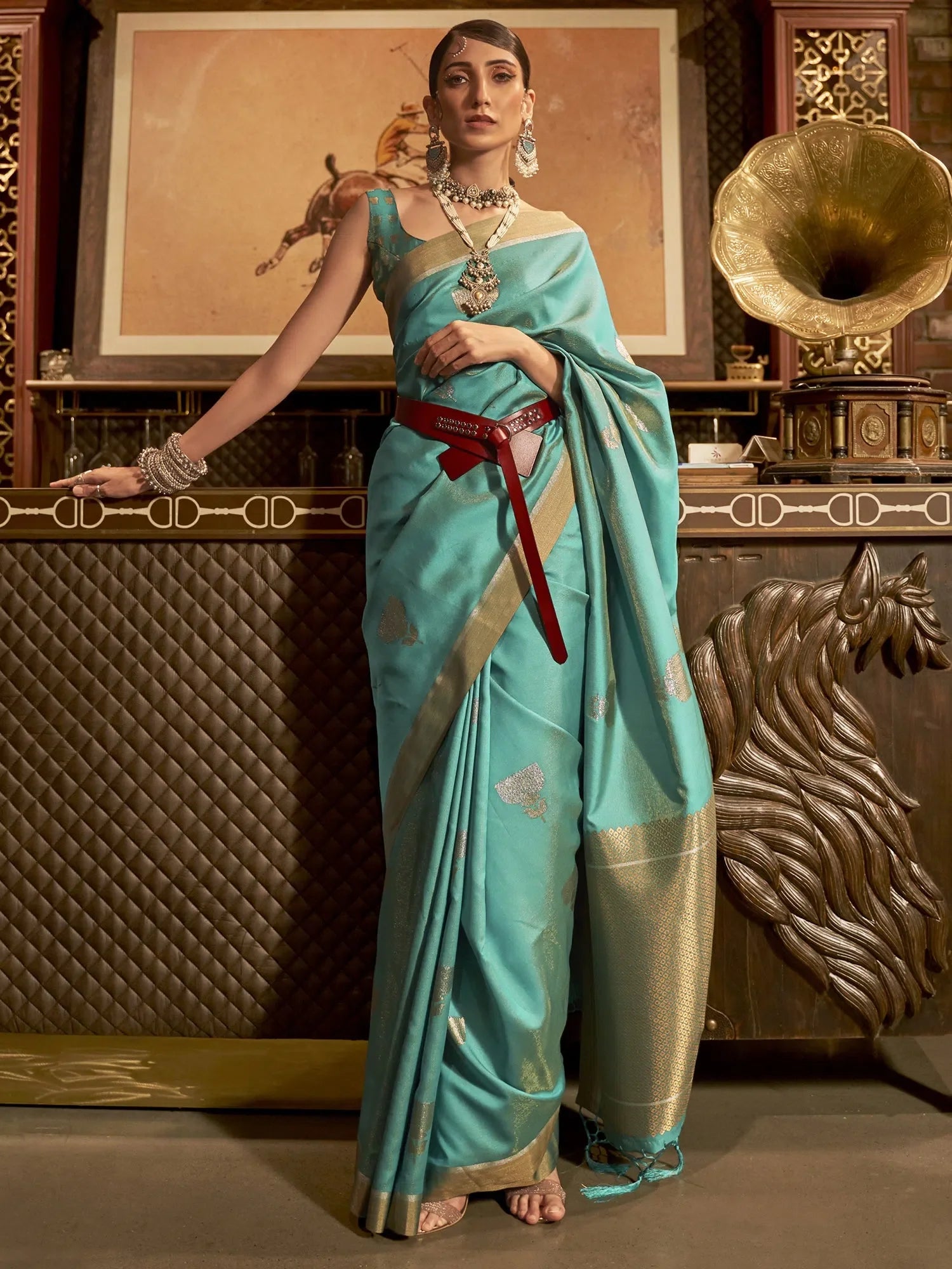 Teal Blue Festive Woven Polyester Saree | Exclusive Designer Collection