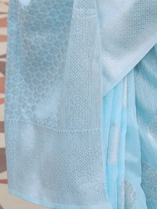 Women's Blend Light Blue Woven Design Designer Saree With Blouse Piece-KYARA2301