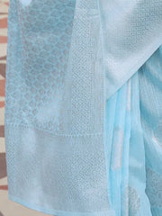 Women's Blend Light Blue Woven Design Designer Saree With Blouse Piece-KYARA2301