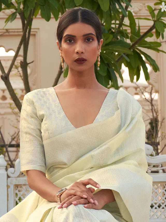 Yellow Linen Saree - Woven Design | Indian Sari Collection