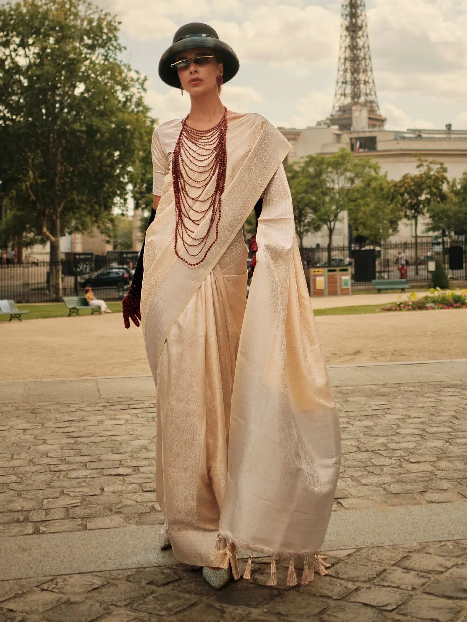 Cream Satin Woven Saree - Indian Sari & Blouse