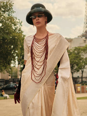 Women's Satin Cream Woven Design Designer Saree With Blouse Piece-KVINCI338001