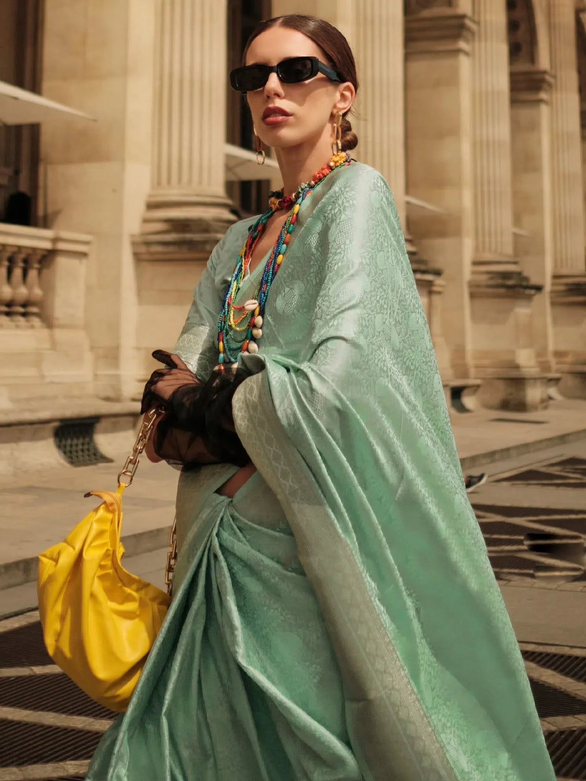 Women's Satin Sea Green Woven Design Designer Saree With Blouse Piece-KVINCI338002